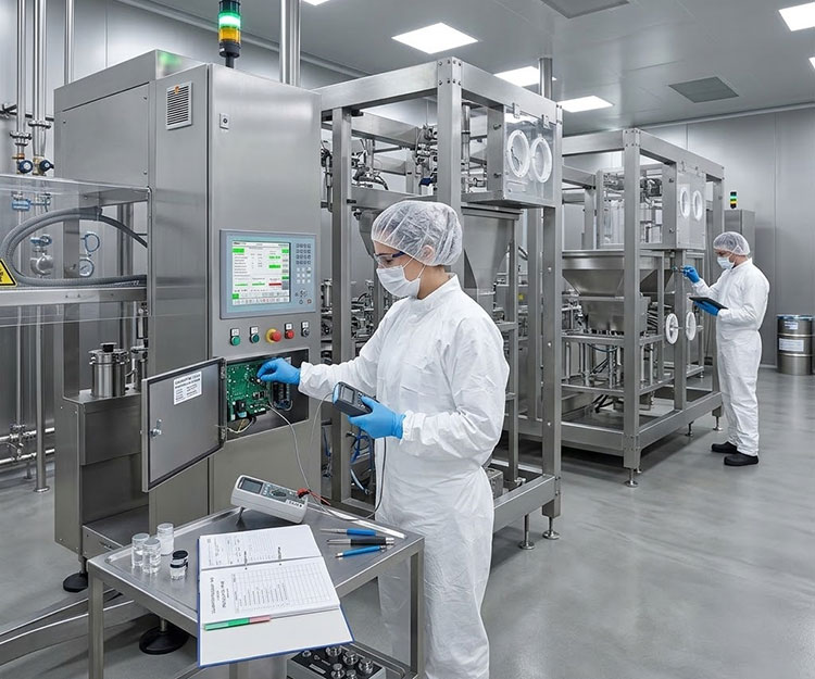 Engineer calibrating pharma machine